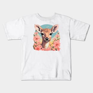 Cute little deer and pink flowers Kids T-Shirt